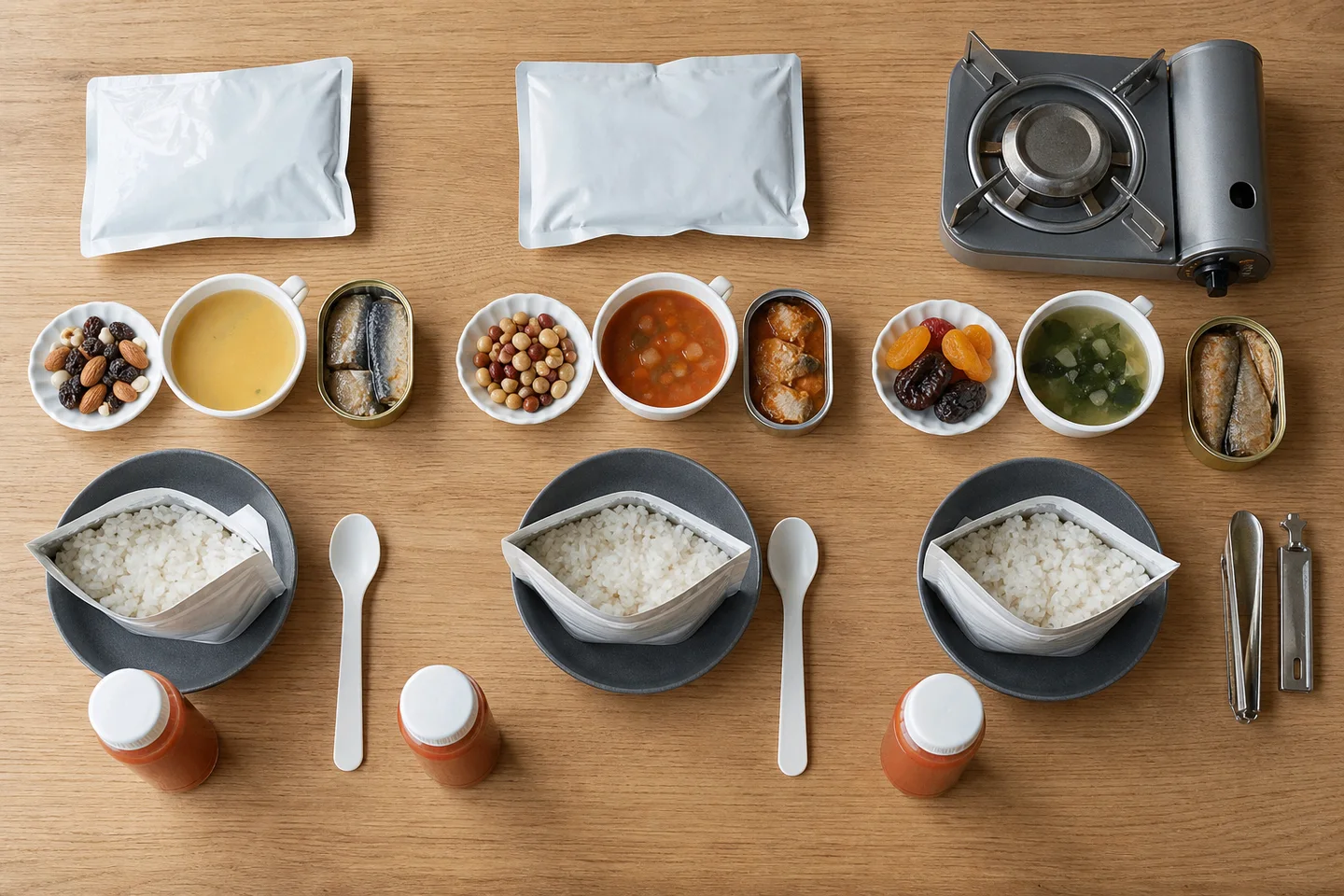 3回の食事例と備蓄食品を並べた生成写真