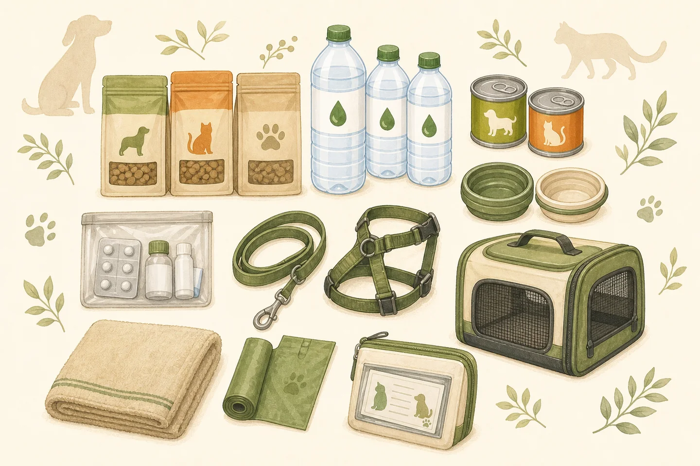 ペット用のフードや水、薬、キャリー用品の生成イラスト