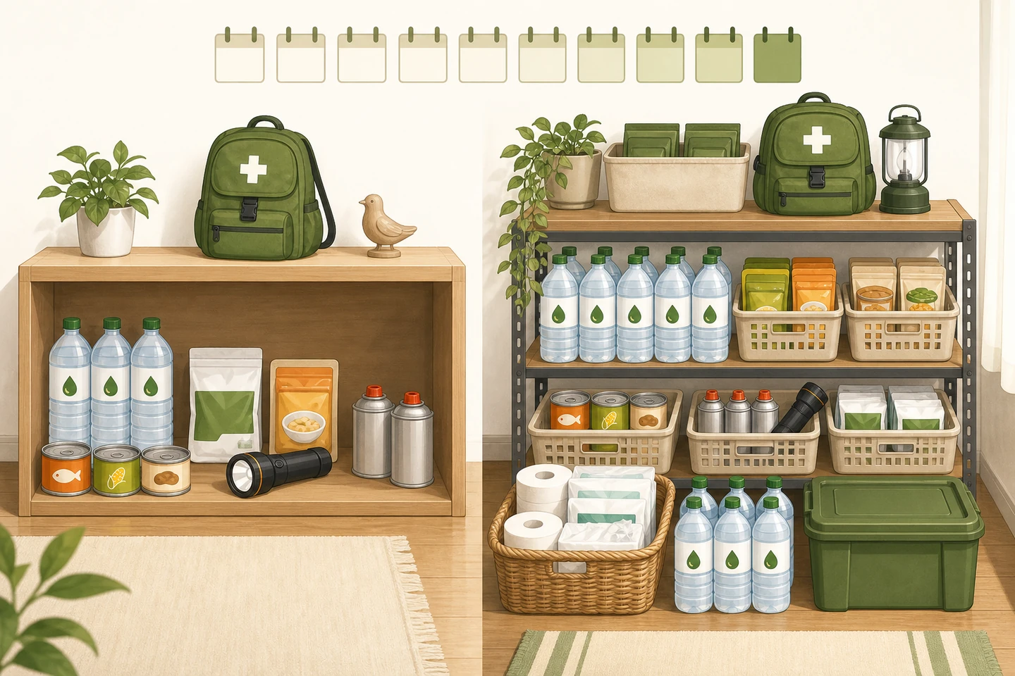 少量の備蓄棚と、品目ごとに整理した充実した備蓄棚を比較したイラスト