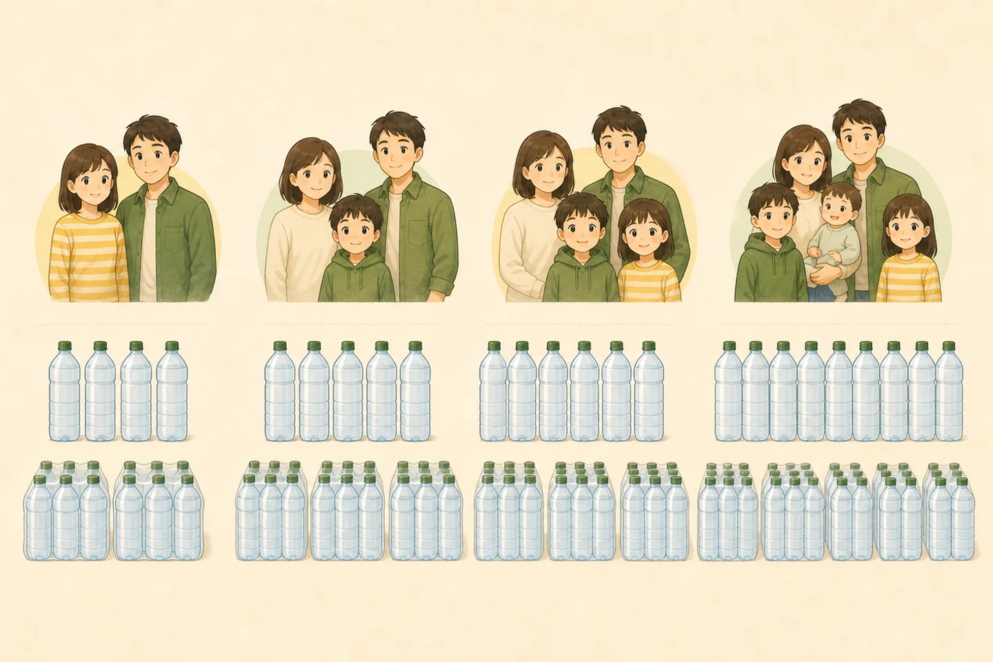 家族人数ごとに水の量を並べて比較した生成イラスト