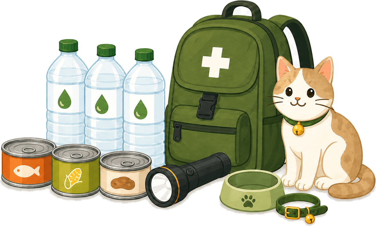 防災バッグ、水、缶詰、懐中電灯とペットの備蓄イラスト